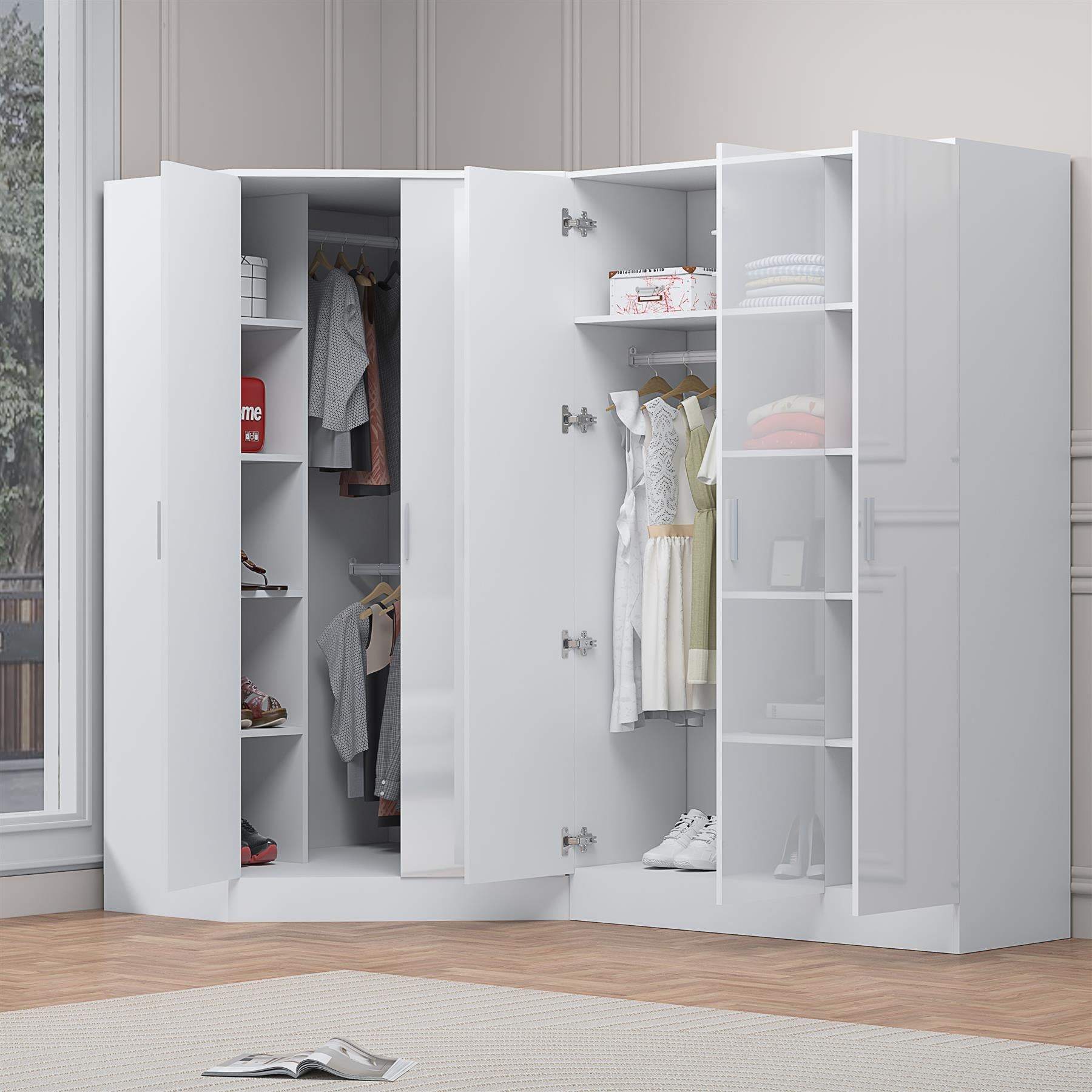 Reflect 2pc Wardrobe Bundle - 2 Door Corner + 3 Door Plain - White Gloss & Matt White - H: 180cm x W: 179cm x D: 103cm