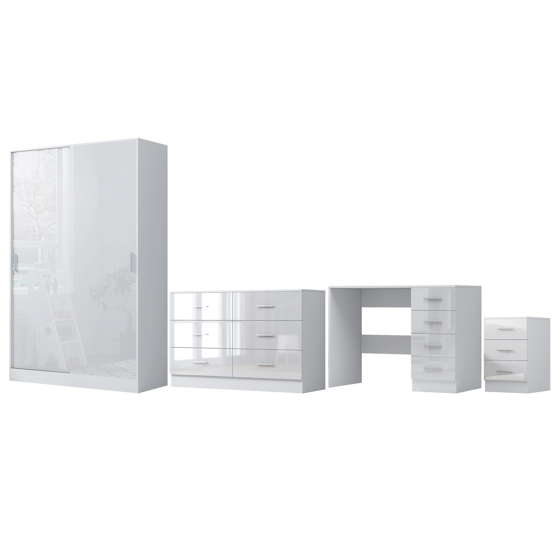 Reflect 2 Door Sliding Wardrobe, 6 Drawer Wide Chest, 3 Drawer Bedside, 4 Drawer Desk - White Gloss & Matt White - Modern Bedroom Furniture Set.