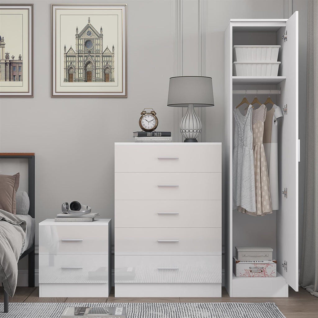 Reflect 1 Door Plain Wardrobe, 5 Drawer Chest, 2 Drawer Bedside - White Gloss & Matt White - Bedroom Furniture Set