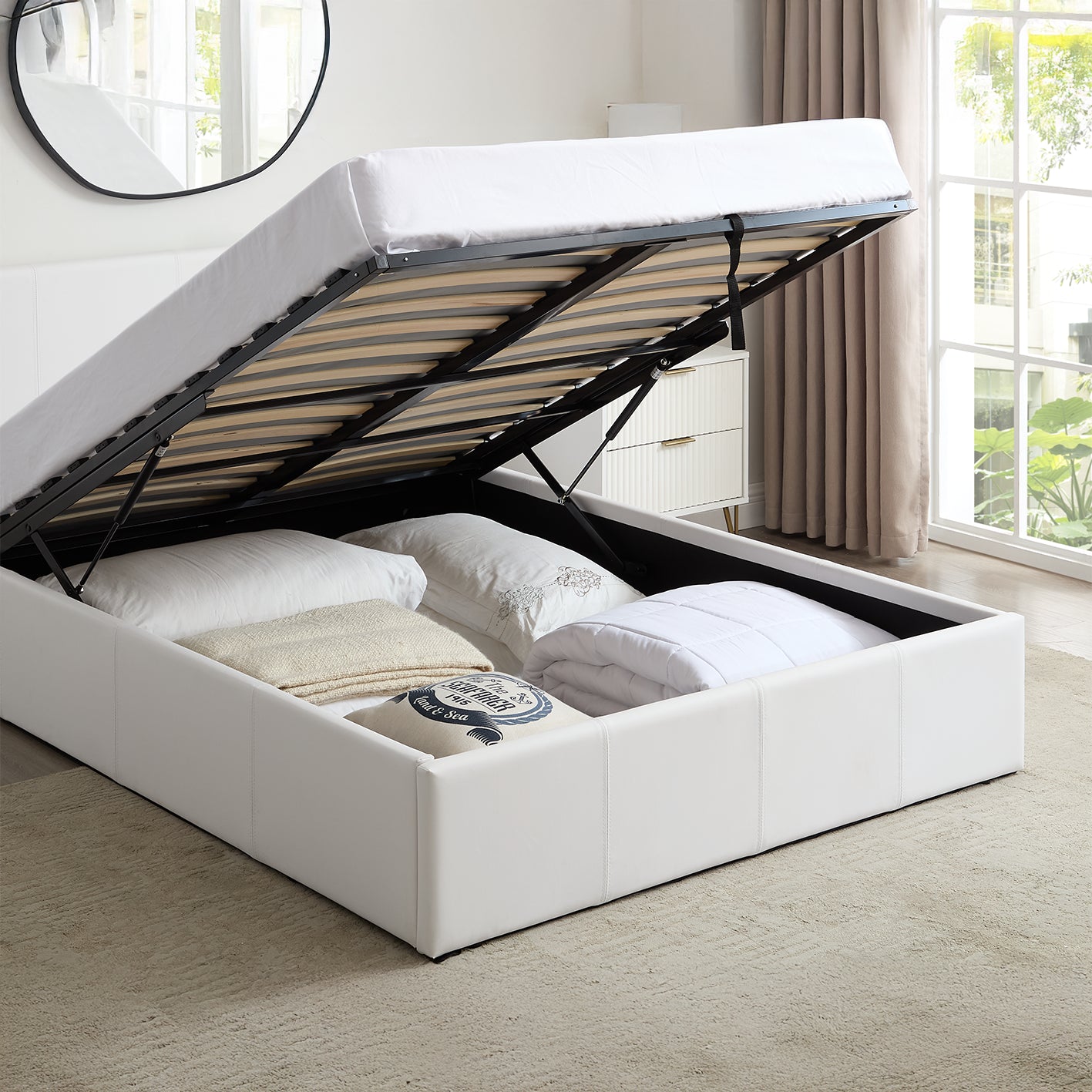 LUNA Faux Leather Ottoman Storage Bedframe in White 4 Size + Mattress Options