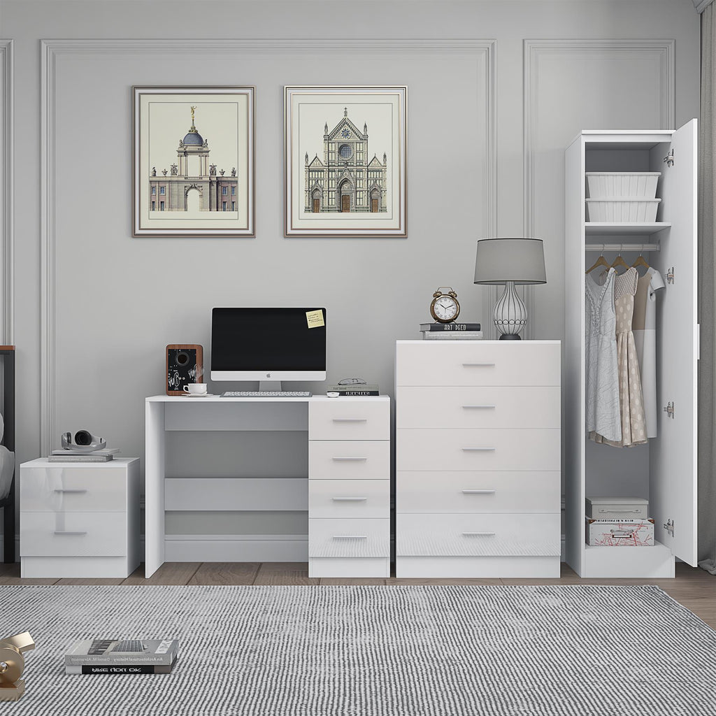 Reflect 1 Door Plain Wardrobe, 5 Drawer Chest, 2 Drawer Bedside & Desk - White Gloss & Matt White - Bedroom Furniture Set