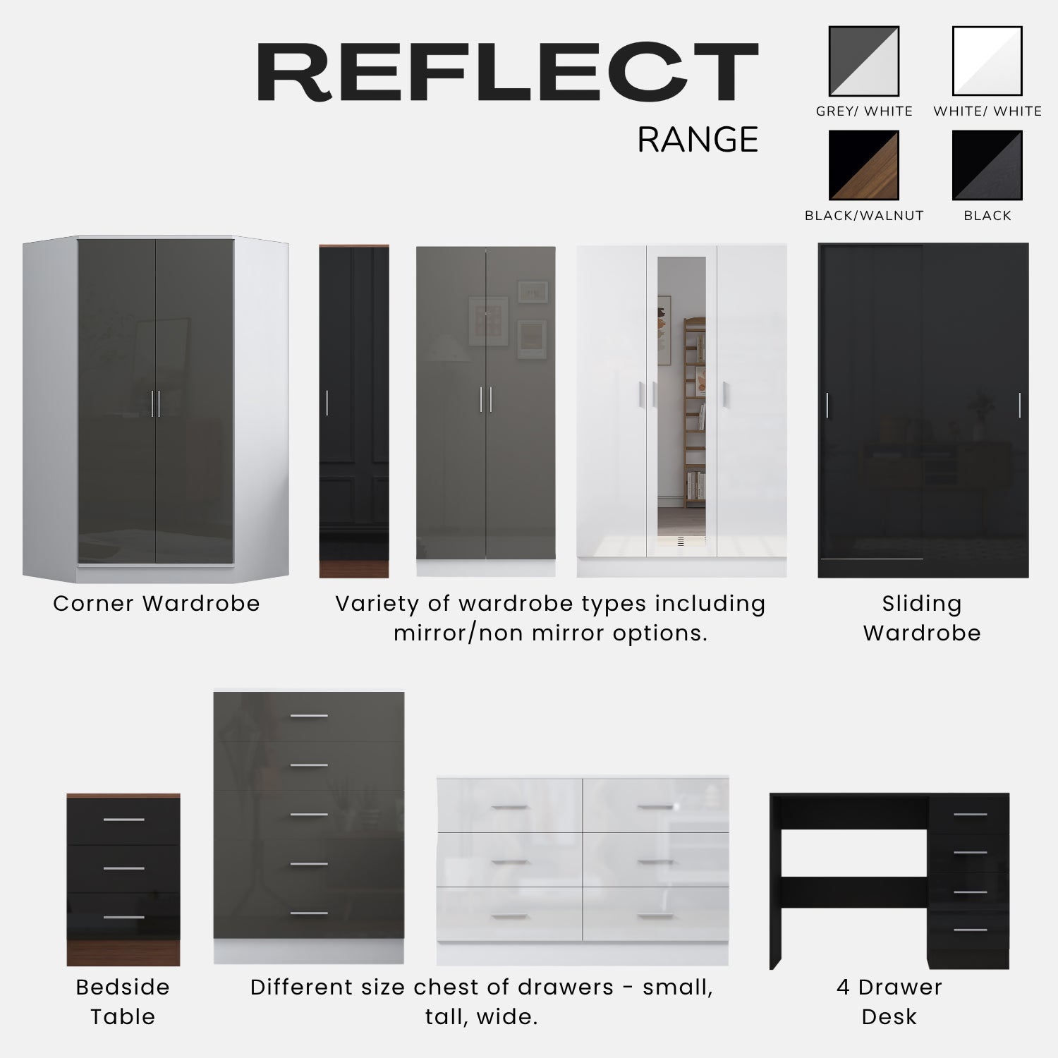 REFLECT Gloss Bedroom Furniture Wardrobe Chest Bedside Desk - 4 Colour Options