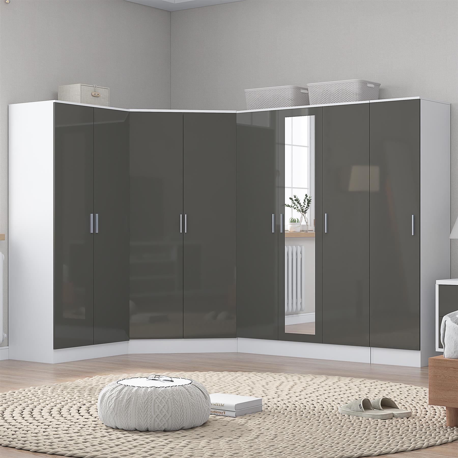 Reflect 4pc Wardrobe Bundle - 2 Door Corner + 3 Door Mirror + 2dr + 1dr Plain - Grey Gloss & Matt White