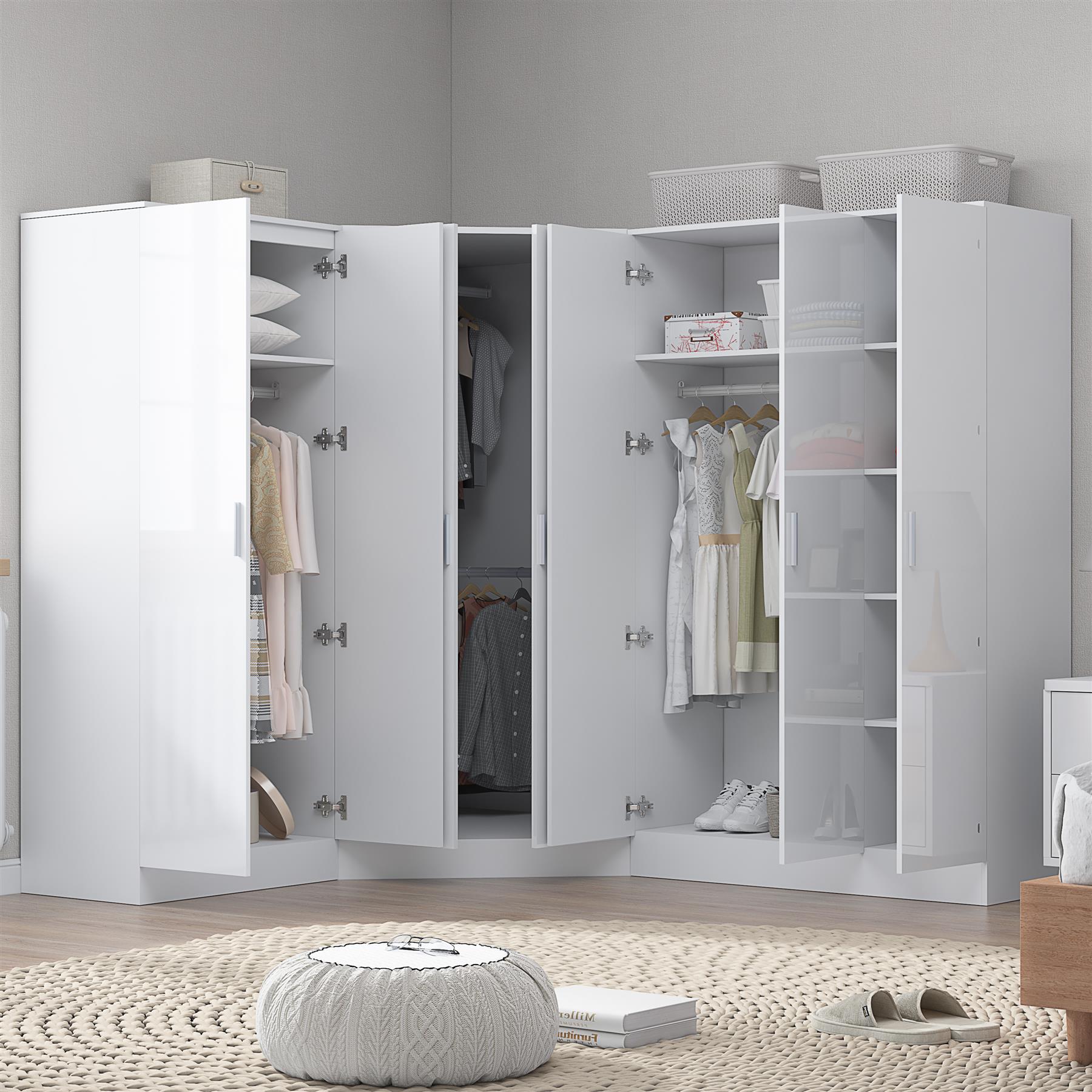 Reflect 4pc Wardrobe Bundle - 2 Door Corner + 3 Door Plain + 2 Door Plain - White Gloss & Matt White