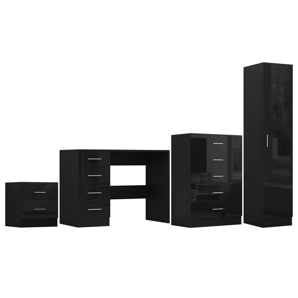 REFLECT Gloss 4pc Bedroom Set - 1 Door Wardrobe + 5 Draw Chest + Bedside + Desk