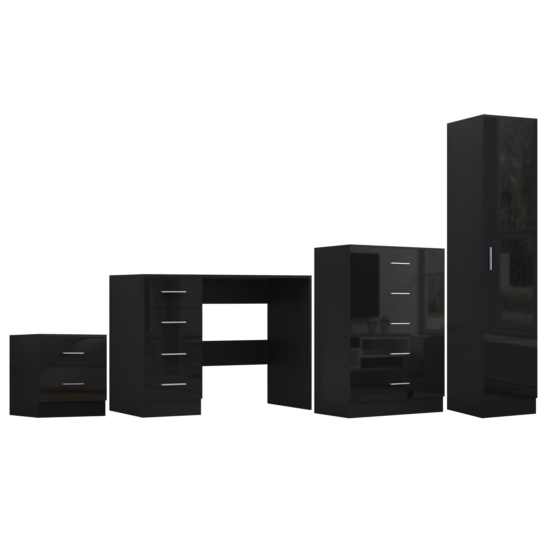 REFLECT Gloss 4pc Bedroom Set - 1 Door Wardrobe + 5 Draw Chest + Bedside + Desk