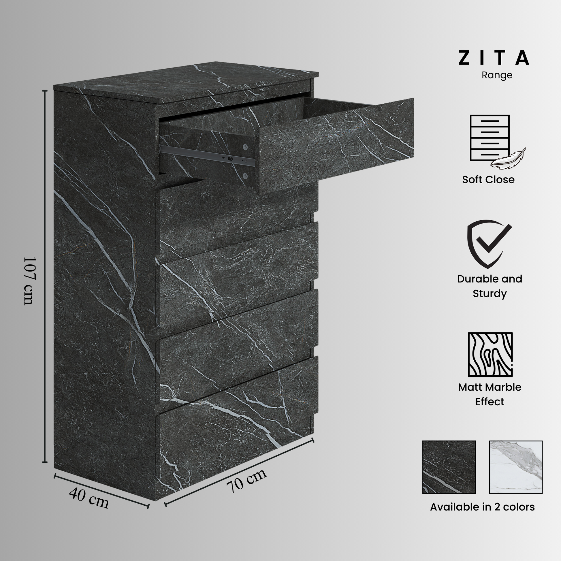 5 draw tall chest grey marble effect