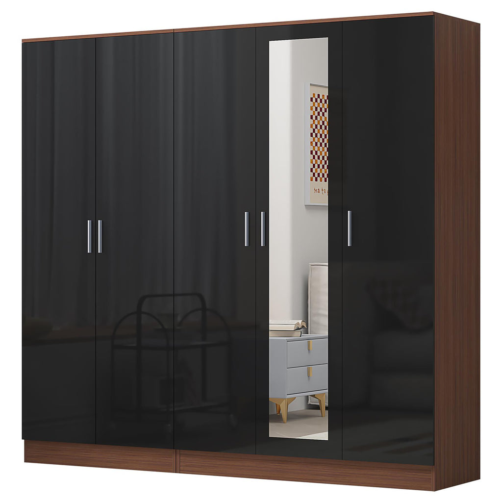 REFLECT - 3 Door MIRROR + 2 Door PLAIN Wardrobe - Gloss Black / Matt Walnut