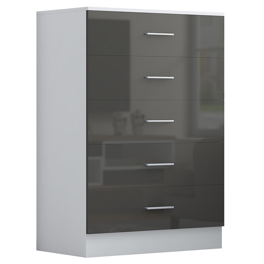 Reflect 5 Drawer Chest - Grey Gloss & Matt White - Modern Vertical Bedroom Storage Unit - H: 100cm x W: 70cm x D: 40cm