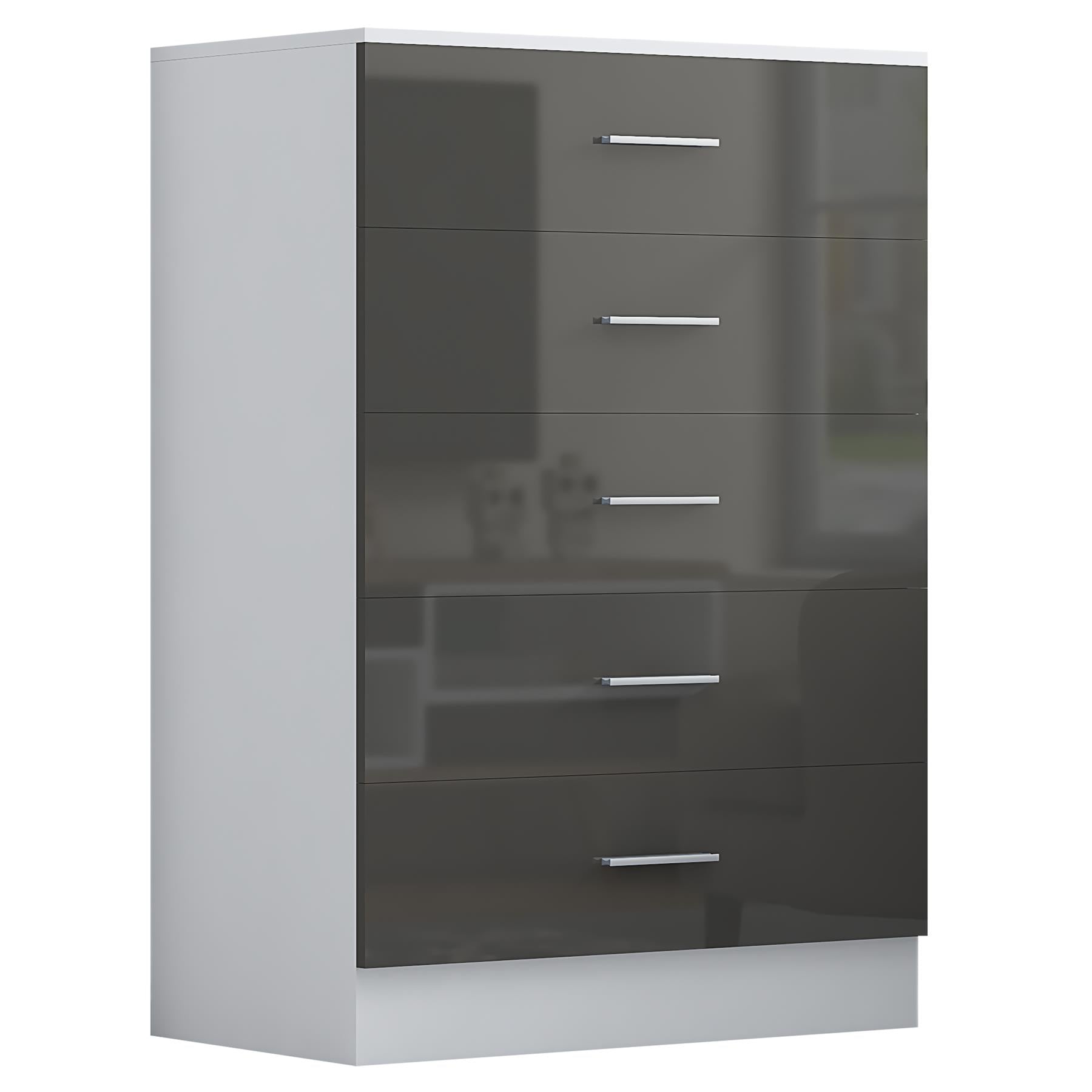 Reflect 3 Door Mirror Wardrobe, 5 Drawer Chest, 2 Drawer Bedside & Desk - Grey Gloss & Matt White - Modern Bedroom Furniture Set