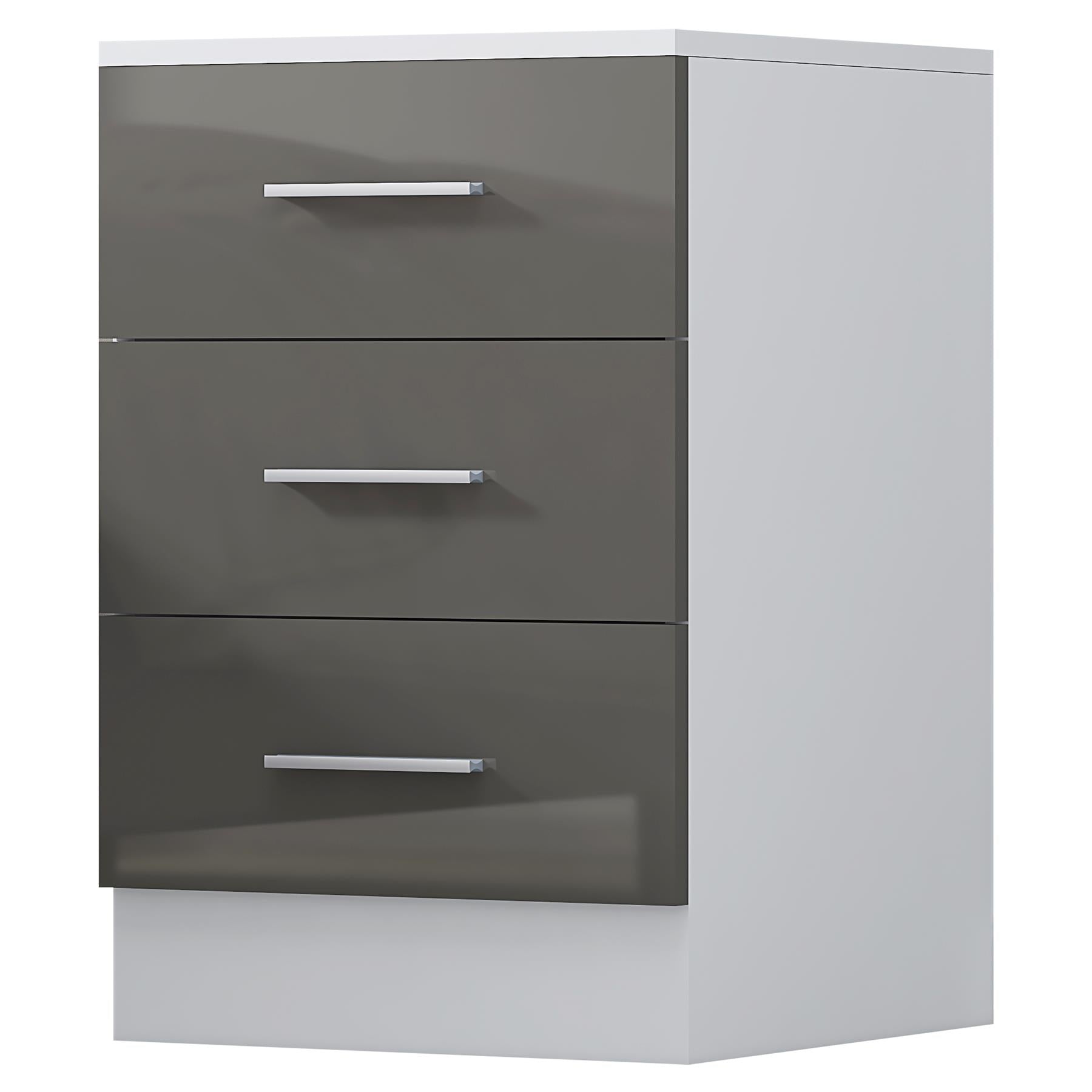 Reflect 3 Drawer Bedside - Grey Gloss & Matt White - Modern Nightstand for Bedroom Storage - H: 59.5cm x W: 39.5cm x D: 38cm