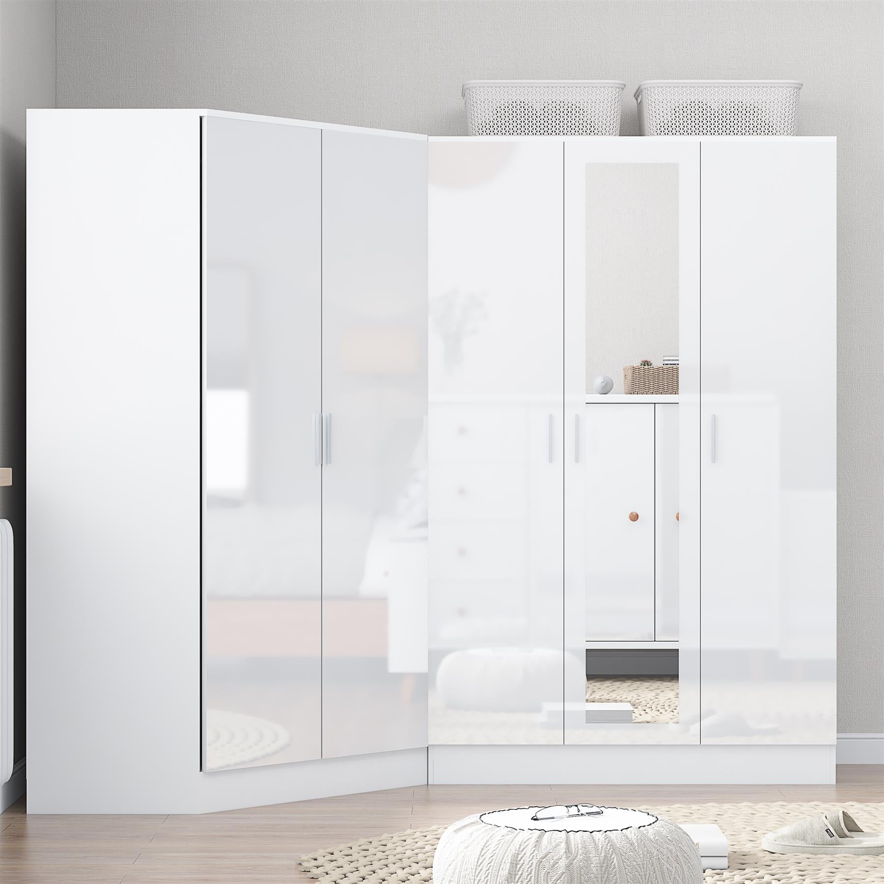 Reflect 2pc Wardrobe Bundle - 2 Door Corner + 3 Door Mirror - White Gloss & Matt White - H: 180cm x W: 179cm x D: 103cm