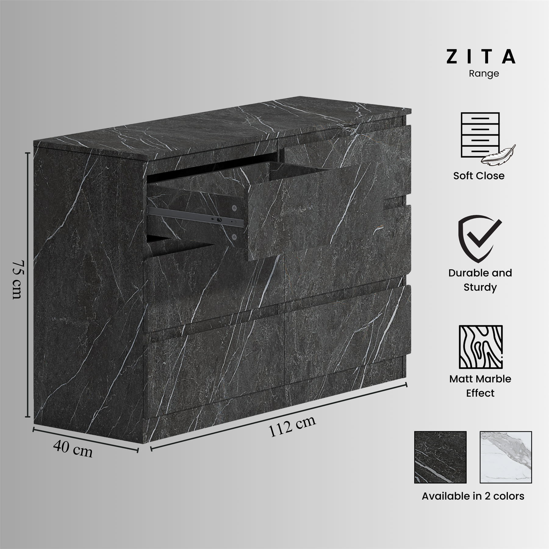 ZITA Bedroom Furniture Range Wardrobe Chest Bedside in Grey Marble Effect