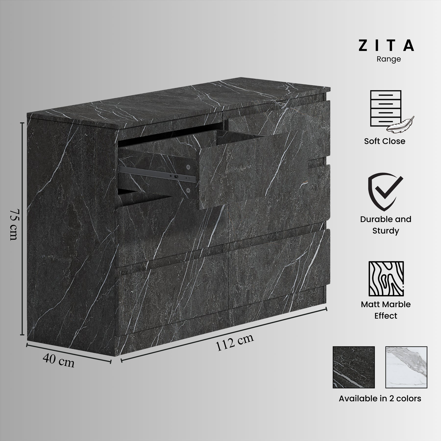 ZITA Grey Marble Effect 6 Drawer Chest - Wide Storage Unit, (L) 40cm x (W) 112cm x (H) 75cm, Stylish Bedroom Storage