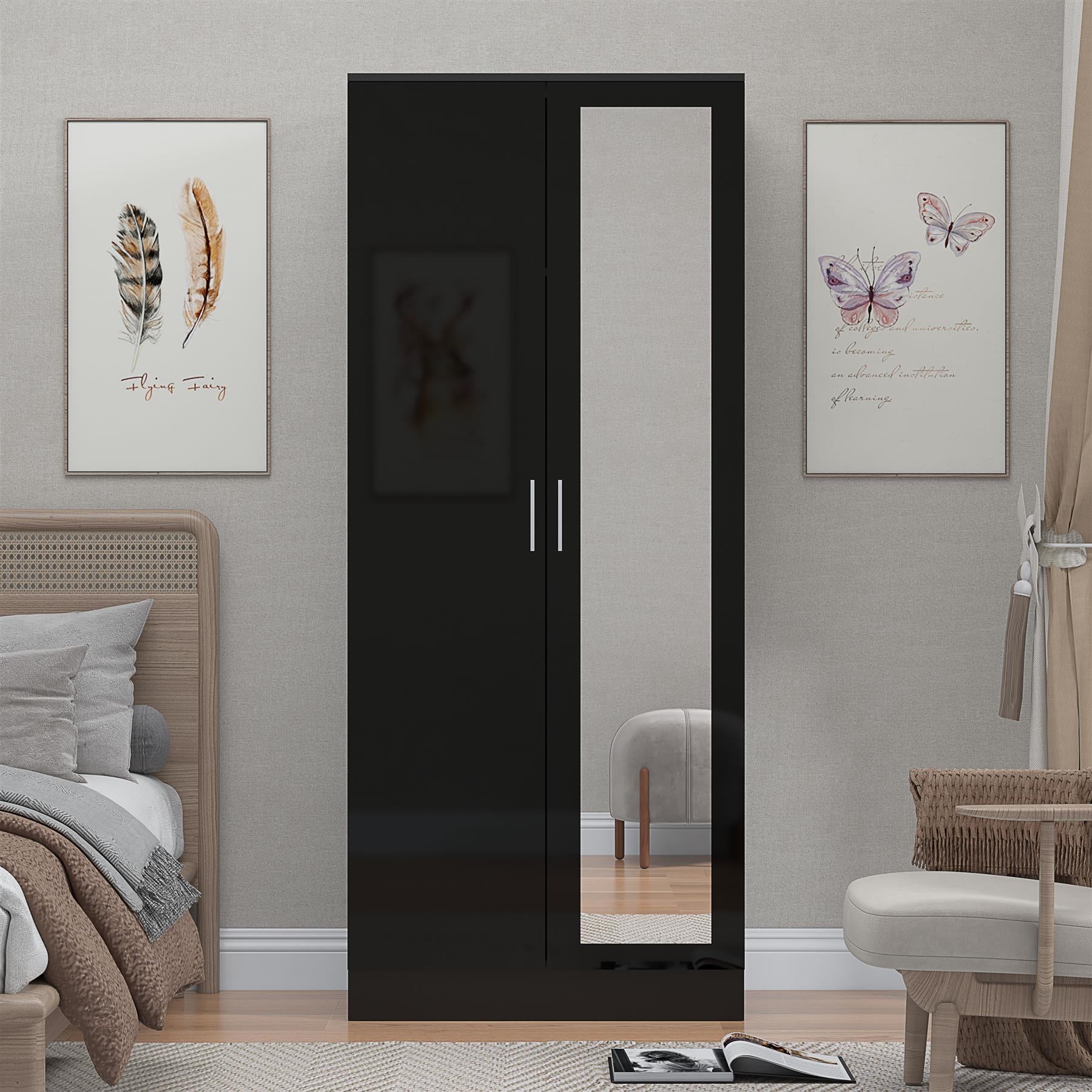 REFLECT Gloss Bedroom Furniture 2 Door Mirrored Wardrobe - 4 Colour Options
