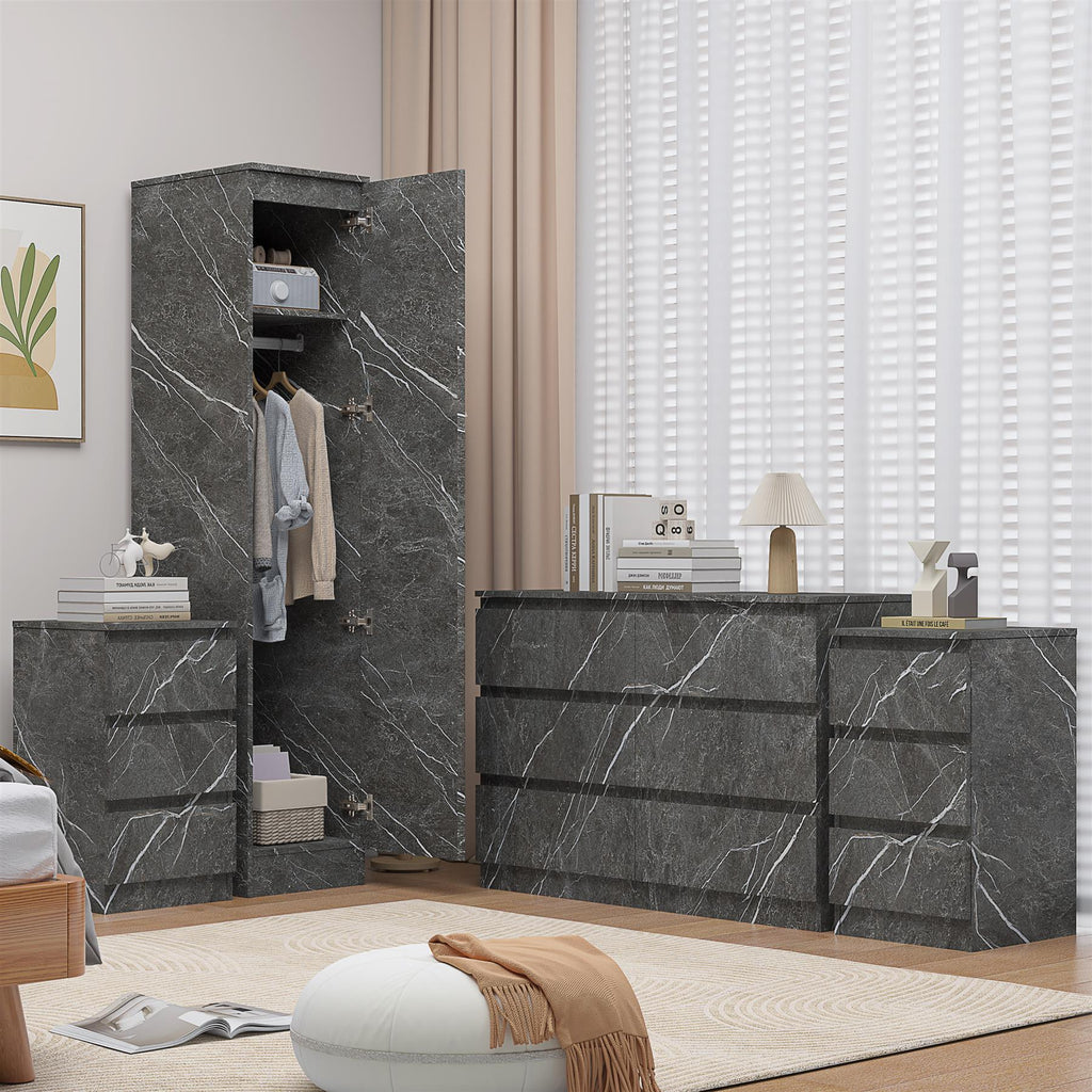 ZITA 3/4pc Bedroom Furniture Sets Wardrobe Chest Bedside - White OR Grey Marble