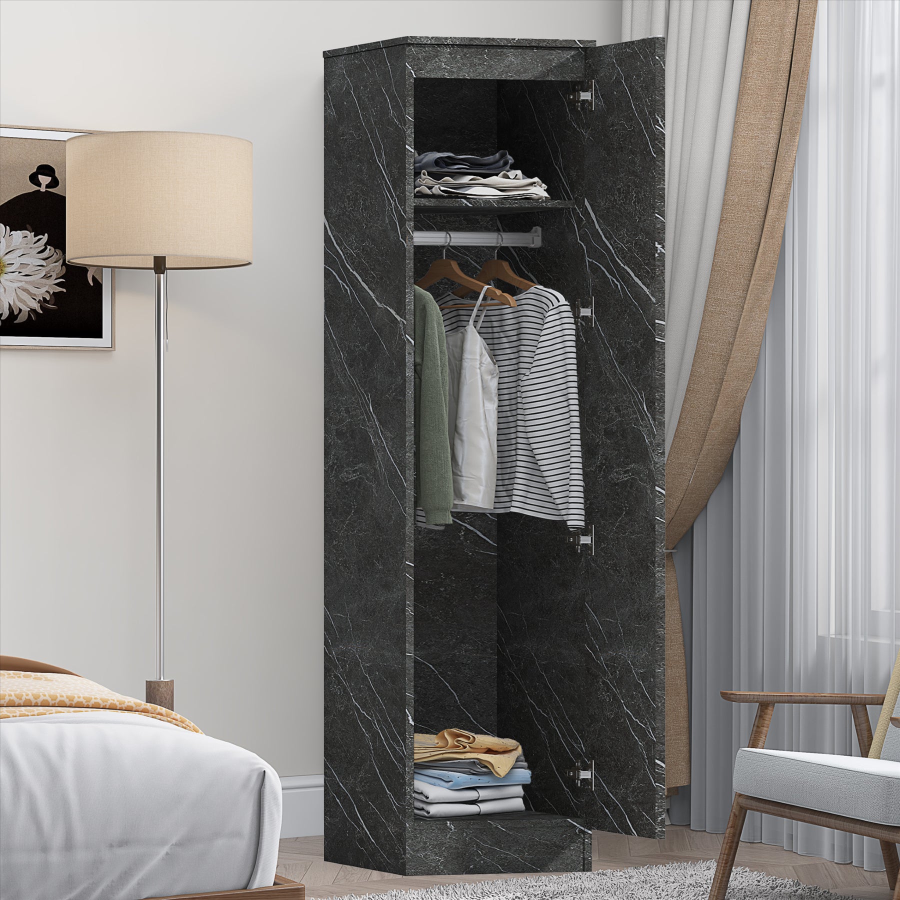 ZITA Compact 1-Door Wardrobe in Grey Marble Effect - Bedroom Storage, (L) 50cm x (W) 37.5cm x (H) 180cm, Stylish and Space-Saving