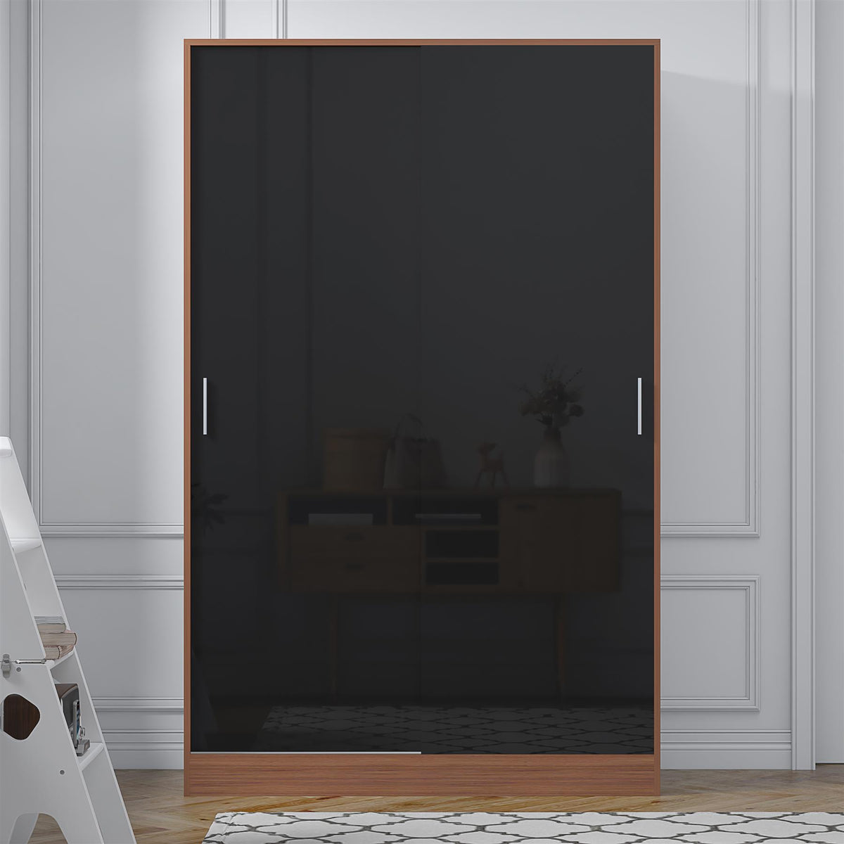 Reflect 2 Door Sliding Wardrobe - Black Gloss & Walnut - Hanging Rails & Shelves - Modern Design