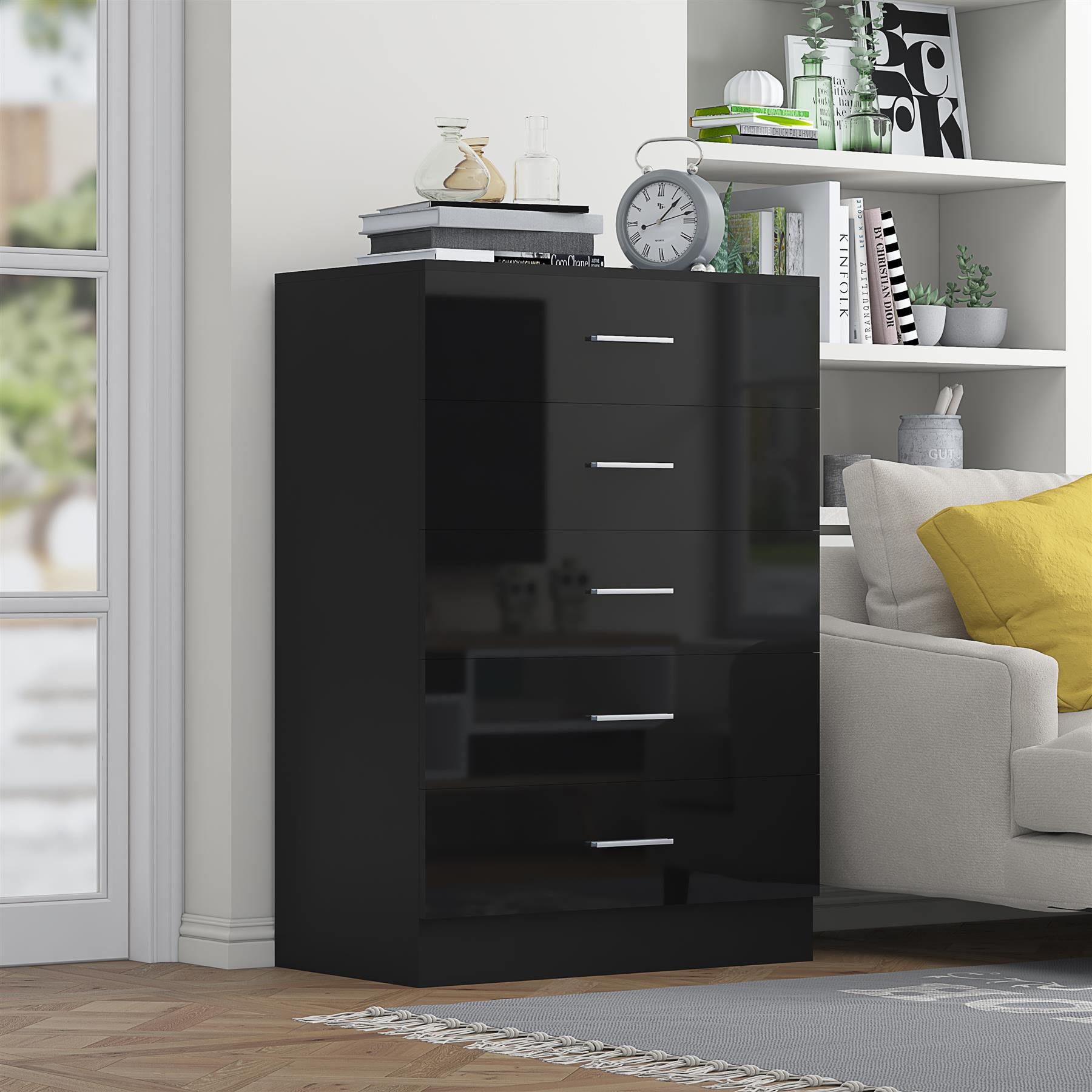 Reflect 5 Drawer Chest - Black Gloss & Black Oak - Modern Vertical Bedroom Storage Unit - H: 100cm x W: 70cm x D: 40cm