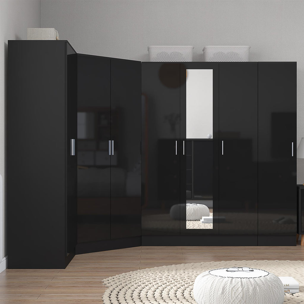 Reflect 4pc Wardrobe Bundle - 2 Door Corner + 3 Door Mirror + 2dr + 1dr Plain - Black Gloss & Black Oak