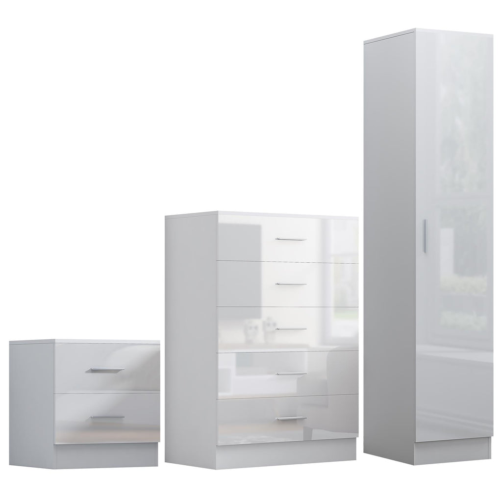 Reflect 1 Door Plain Wardrobe, 5 Drawer Chest, 2 Drawer Bedside - White Gloss & Matt White - Bedroom Furniture Set