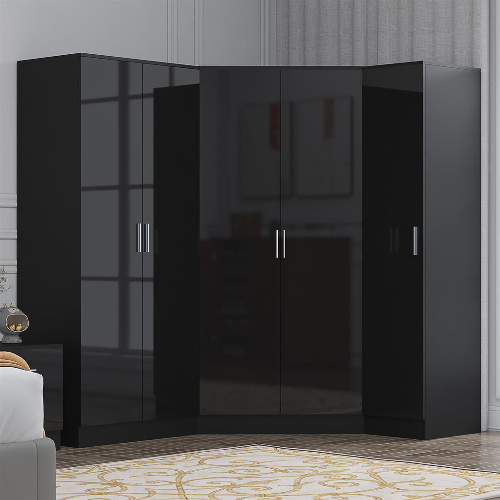 Reflect 3pc Wardrobe Bundle - 2 Door Corner + 2 Door Plain + 1 Door Plain - Black Gloss & Black Oak