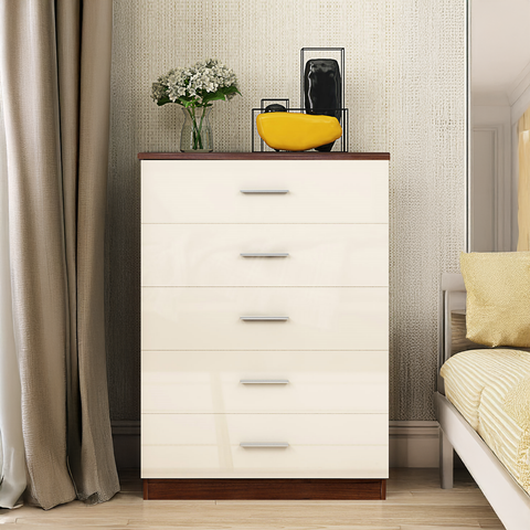 5 Drawer Chest- Cream Gloss/Walnut REFLECT