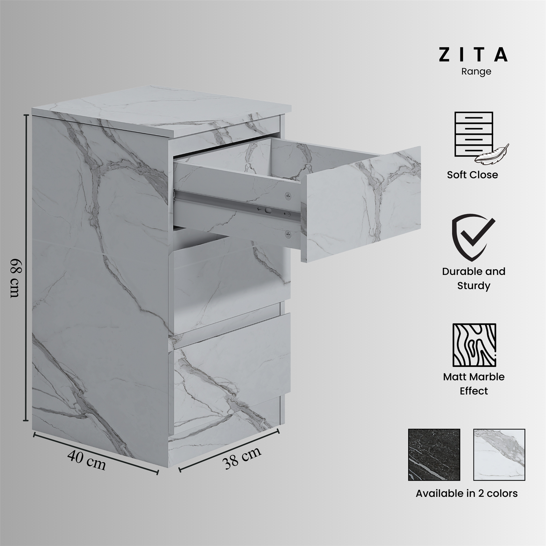ZITA 4pc White Marble Effect Bedroom Set - 1-Door Wardrobe, Tall Chest & 2 Bedside Tables, Stylish Modern Storage Furniture