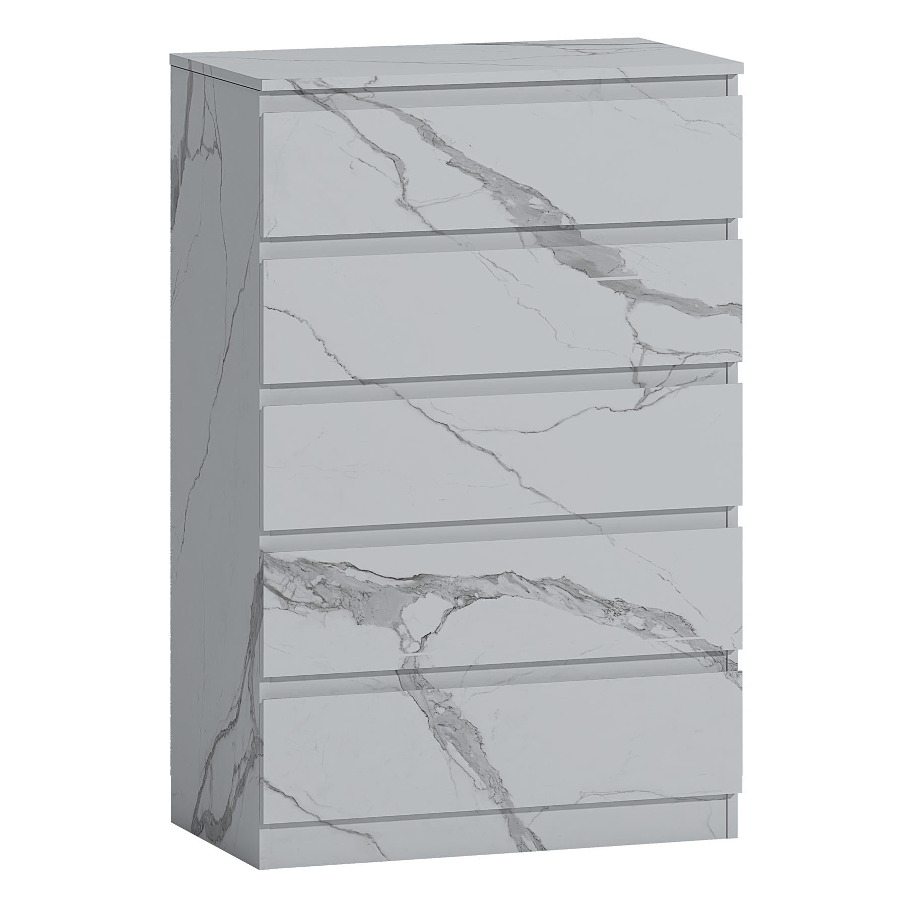 ZITA 5 Drawer Chest - White Marble Effect Bedroom Storage