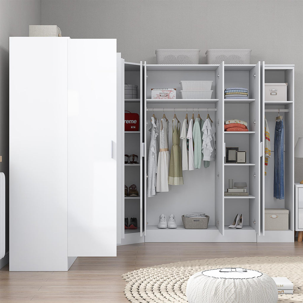 Reflect 4pc Wardrobe Bundle - 2 Door Corner + 2x 3 Door Plain + 1 Door Plain - White Gloss & Matt White