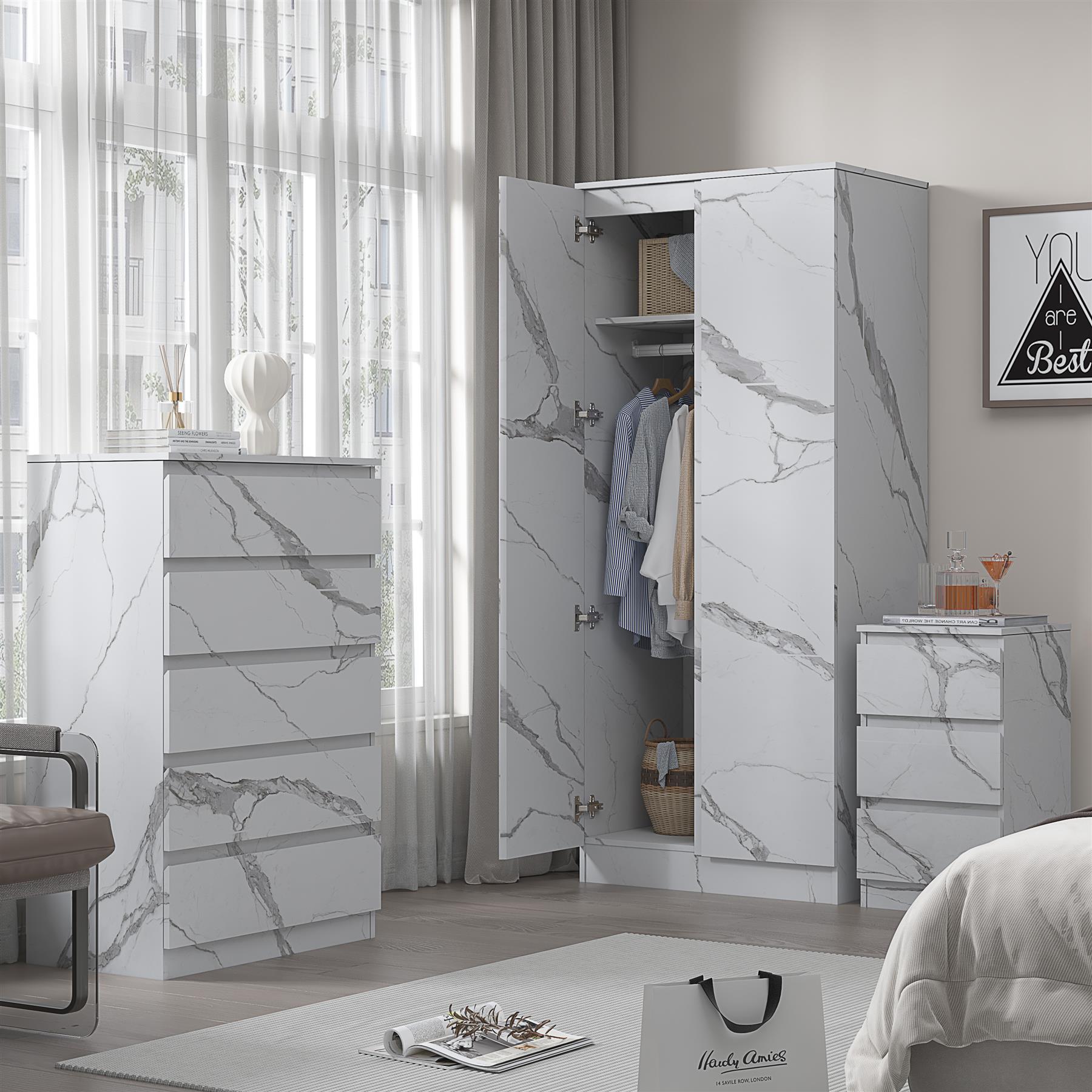 ZITA 3pc Set - 2 Door Wardrobe + Tall Chest + Bedside in White OR Grey Marble
