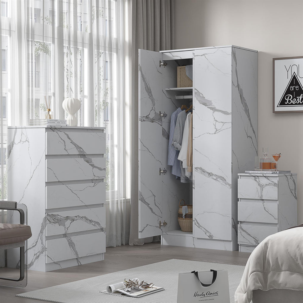 ZITA 3/4pc Bedroom Furniture Sets Wardrobe Chest Bedside - White OR Grey Marble