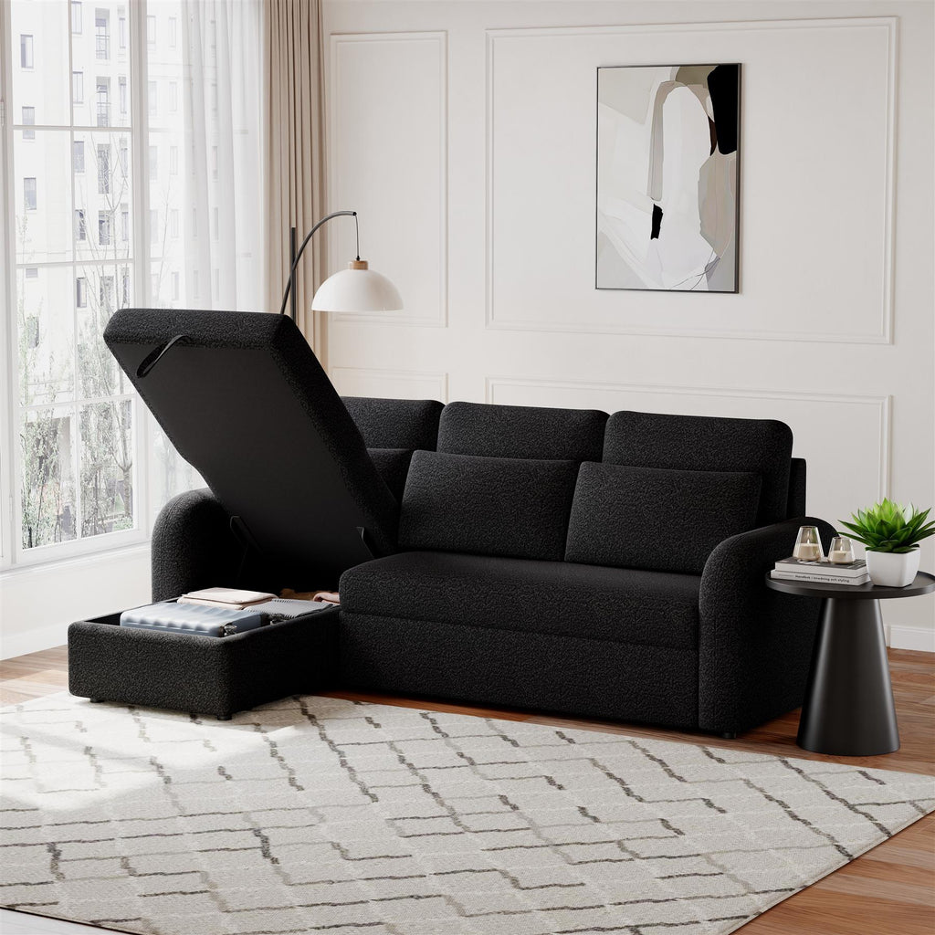 FLYN - 3 Seater L Shape Corner Sofabed in Teddy Boucle BLACK