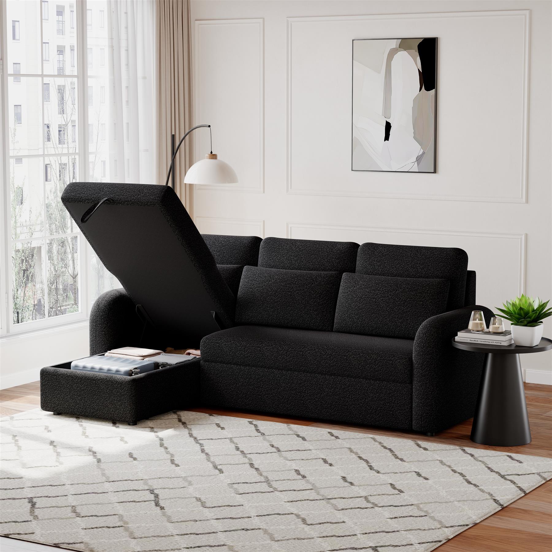 FLYN - 3 Seater L Shape Corner Sofabed in Teddy Boucle BLACK