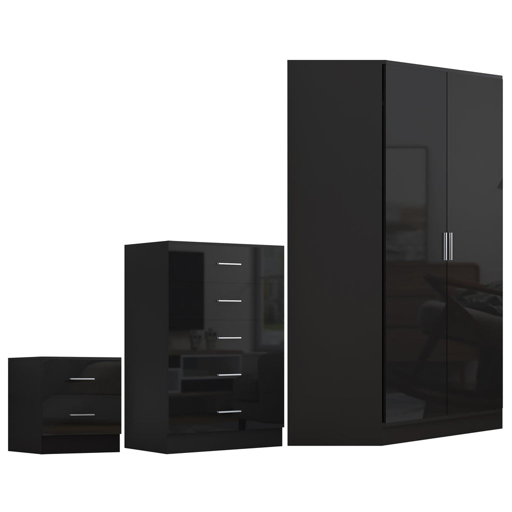 REFLECT Gloss 4pc Set - 2 Door Corner Wardrobe + 5 Draw Chest + Bedside