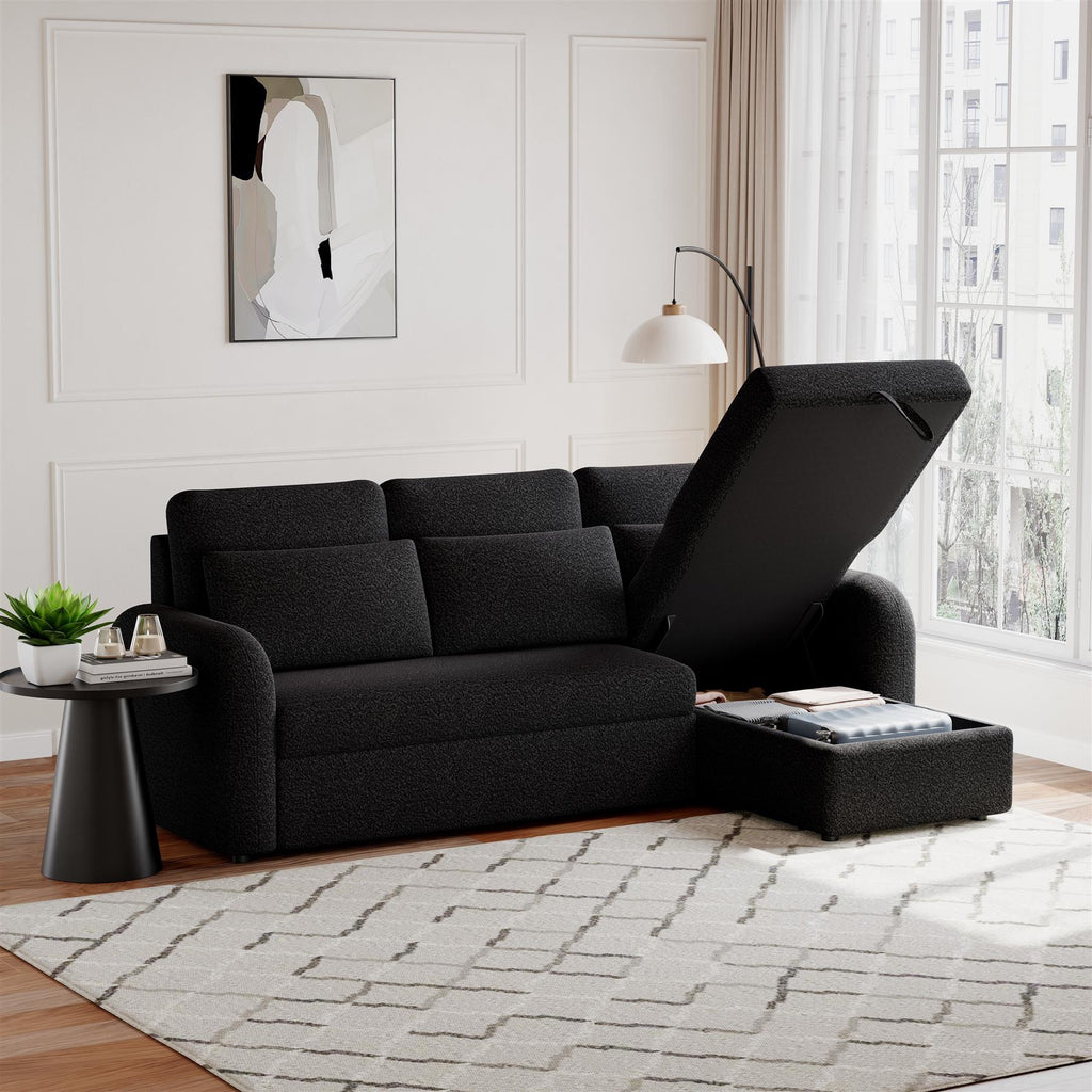 FLYN - 3 Seater L Shape Corner Sofabed in Teddy Boucle BLACK
