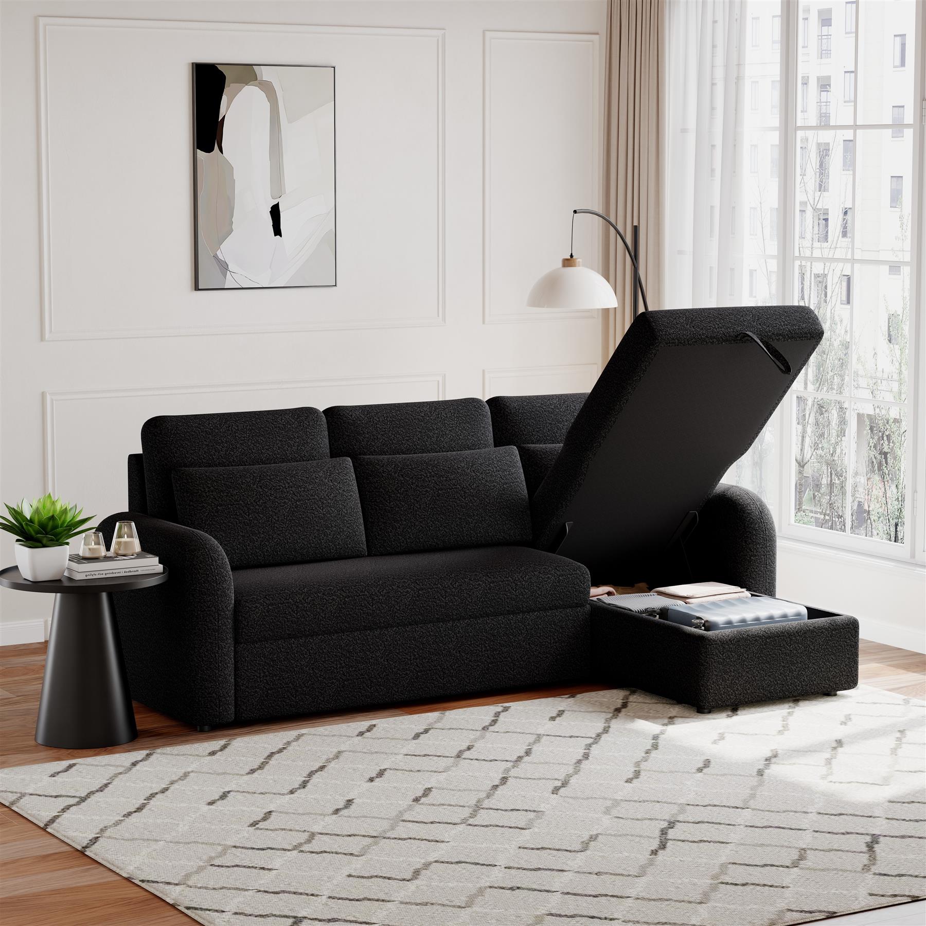 FLYN - 3 Seater L Shape Corner Sofabed in Teddy Boucle BLACK