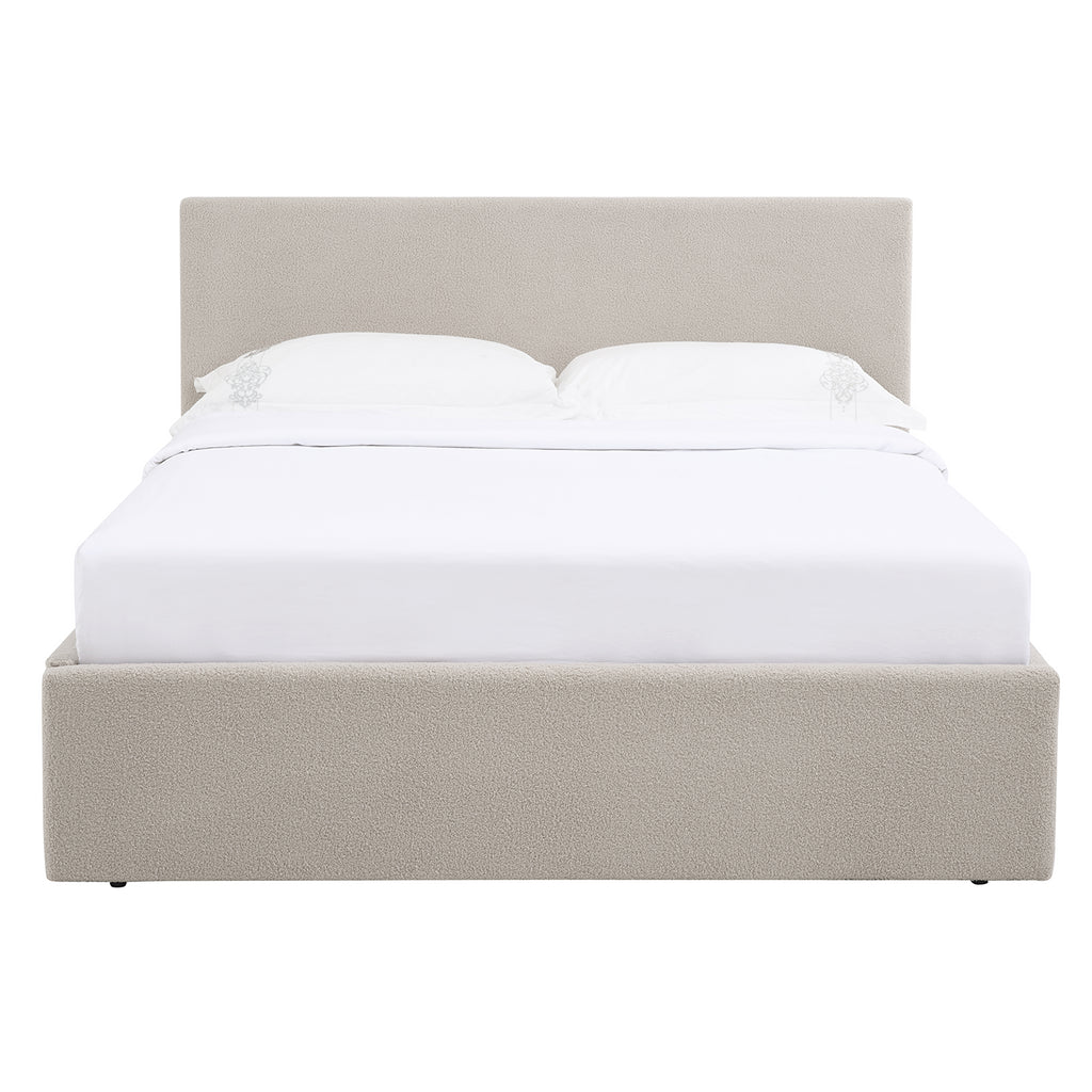 TEDDY BOUCLE 4FT Small Double Beige Ottoman Storage Bed Gas Lift Up - (L) 203cm x (W) 138cm with Bonnell Spring Mattress