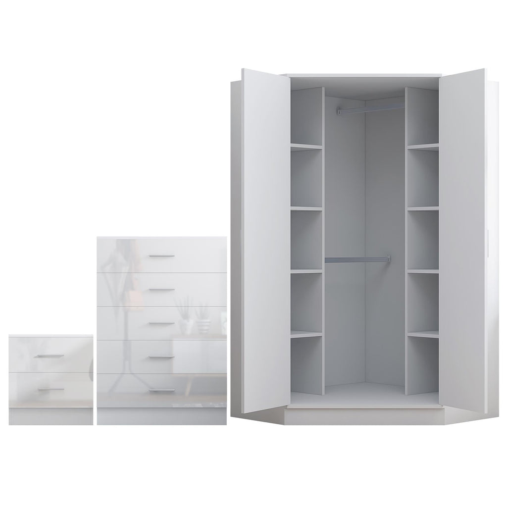 REFLECT Gloss 4pc Set - 2 Door Corner Wardrobe + 5 Draw Chest + Bedside