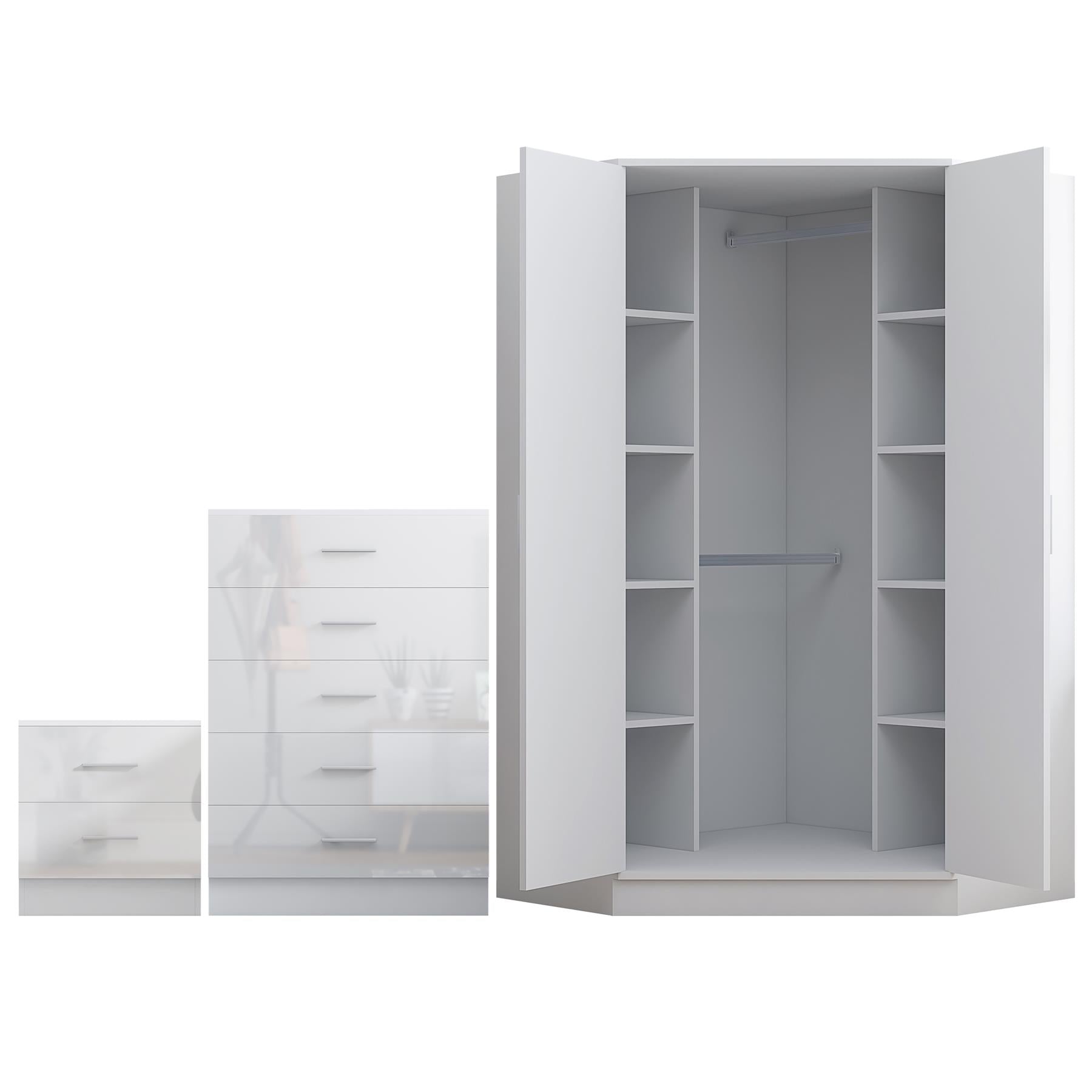 REFLECT Gloss 4pc Set - 2 Door Corner Wardrobe + 5 Draw Chest + Bedside