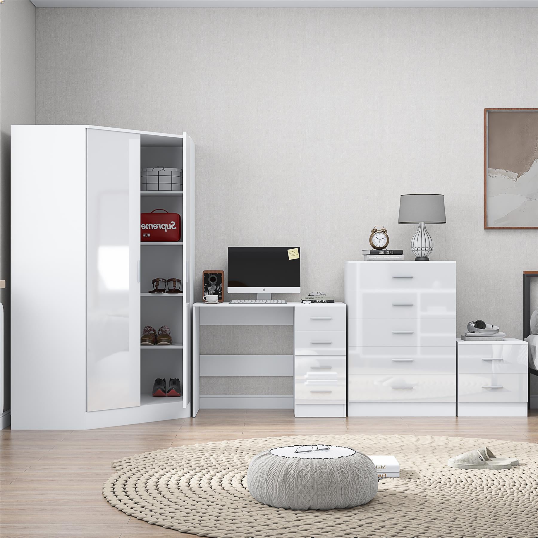 REFLECT Gloss 4pc Set - 2 Door Corner Wardrobe + 5 Draw Chest + Bedside + Desk