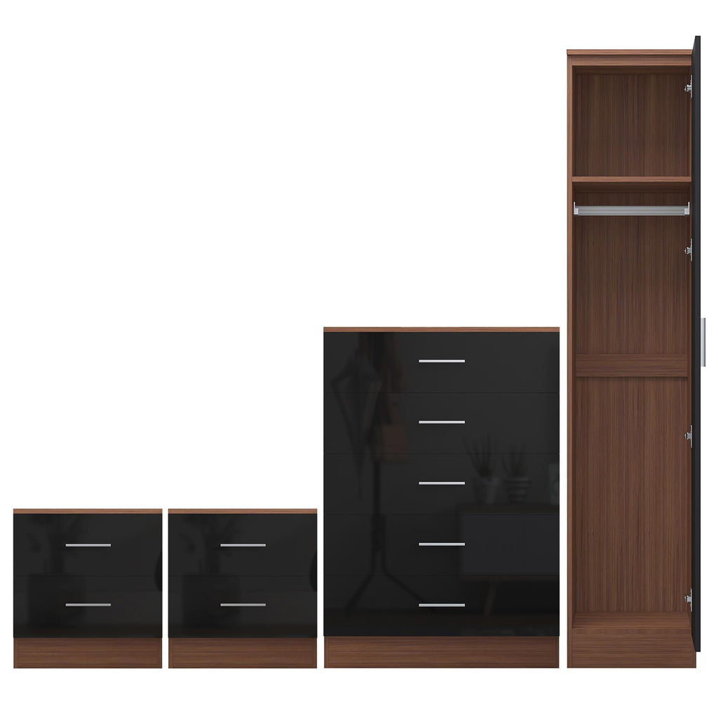 Reflect 1 Door Plain Wardrobe, 5 Drawer Chest, 2x 2 Drawer Bedsides - Black Gloss & Walnut - Modern Bedroom Furniture Set