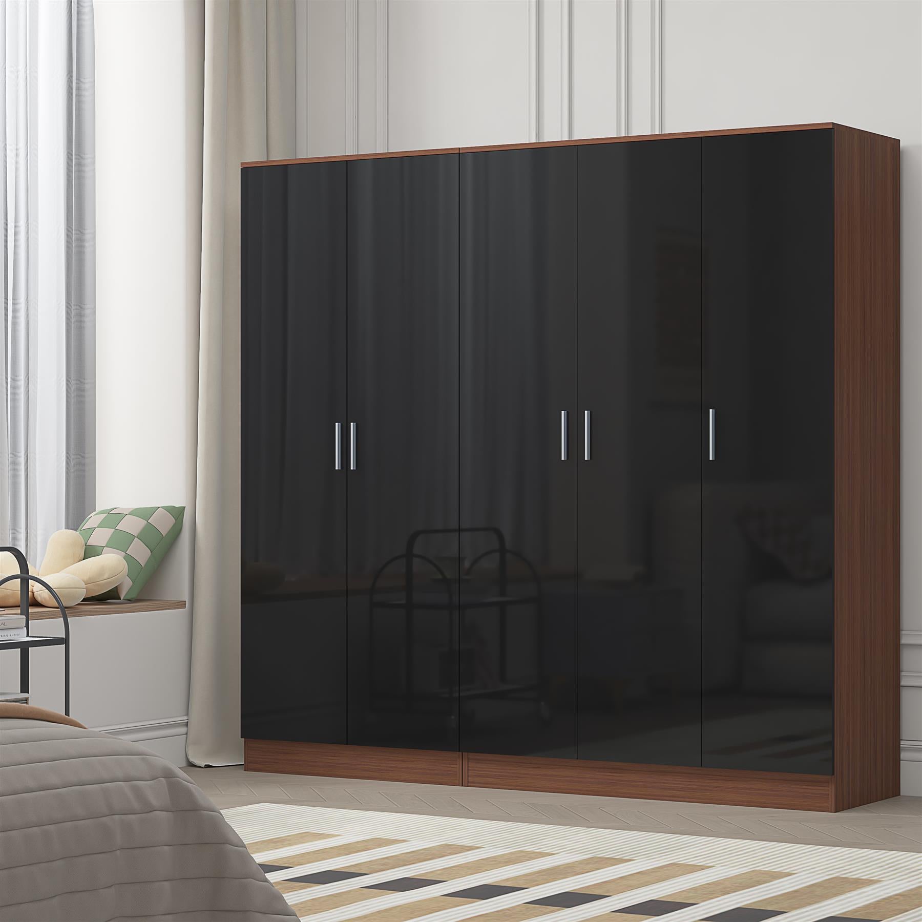 REFLECT - 3 Door PLAIN + 2 Door PLAIN Wardrobe - Gloss Black / Matt Walnut
