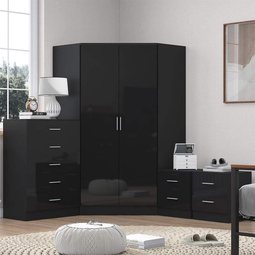 Reflect 2 Door Corner Wardrobe, 5 Drawer Chest, 2x 2 Drawer Bedsides - Black Gloss & Black Oak - Bedroom Furniture Set