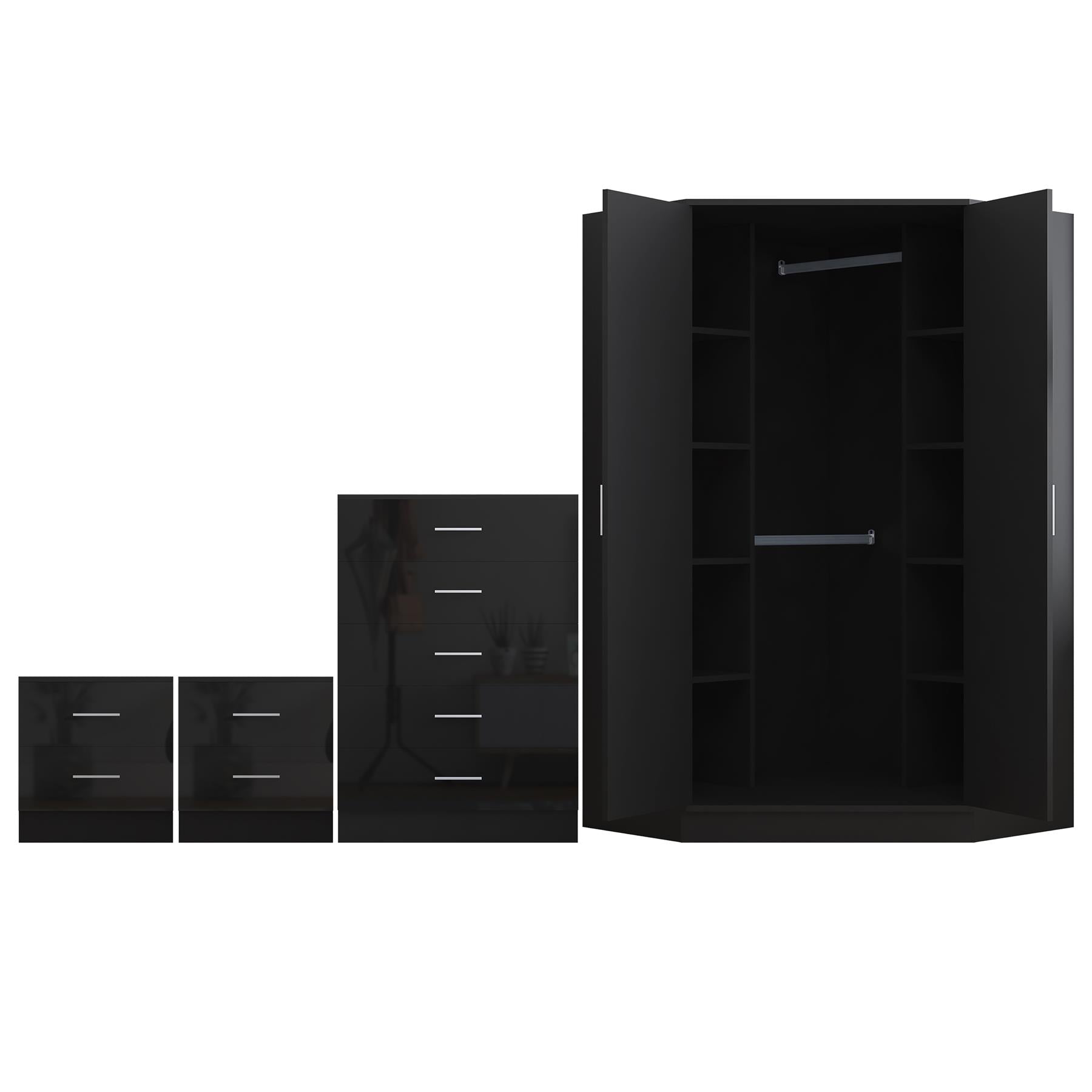 REFLECT Gloss 4pc Set - 2 Door Corner Wardrobe + 5 Draw Chest + 2 Bedsides