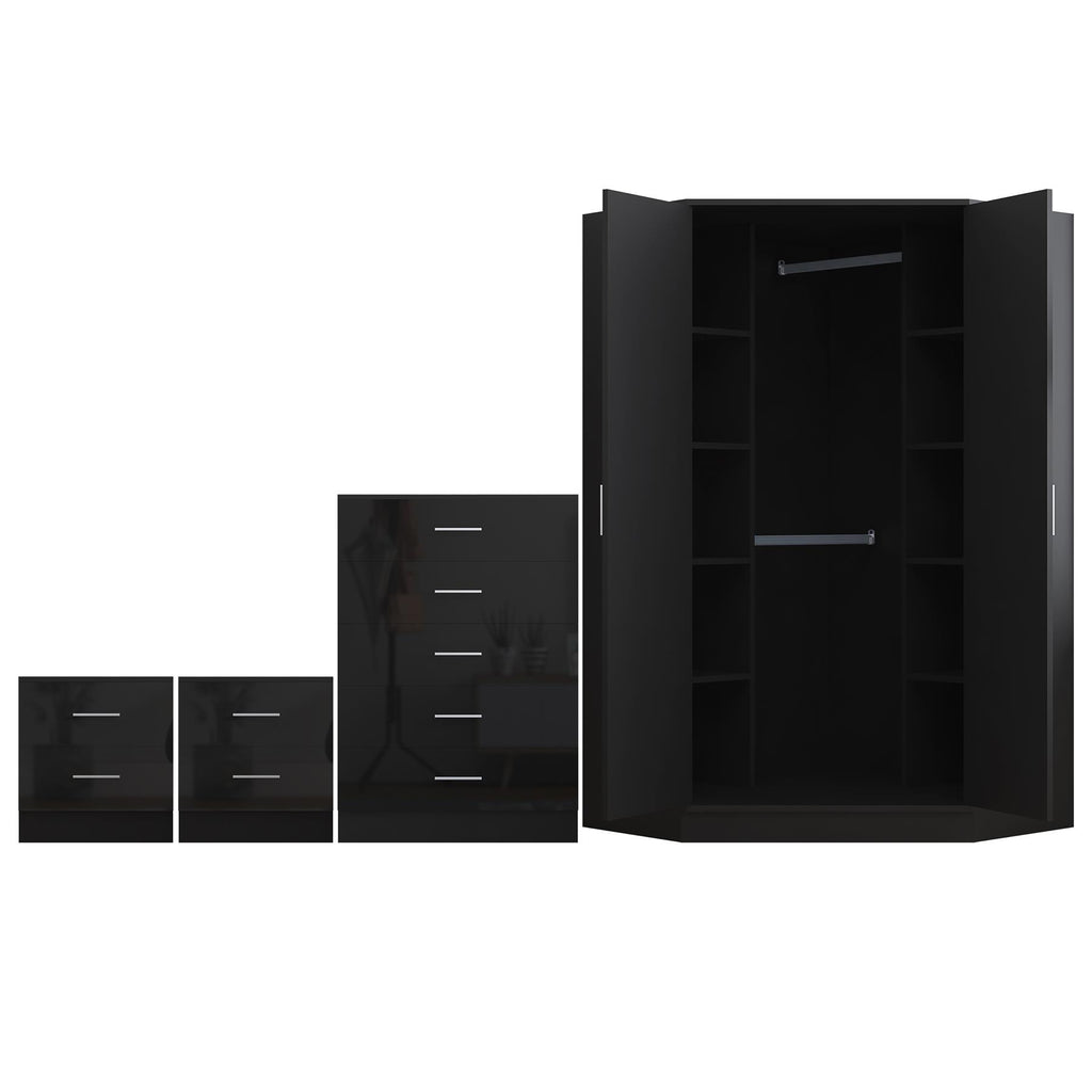 Reflect 2 Door Corner Wardrobe, 5 Drawer Chest, 2x 2 Drawer Bedsides - Black Gloss & Black Oak - Bedroom Furniture Set