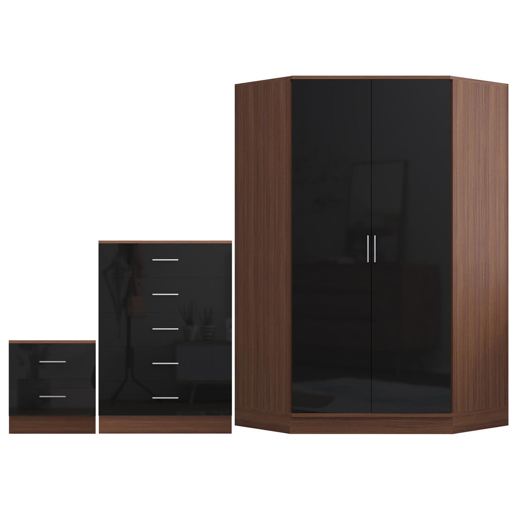 Reflect 2 Door Corner Wardrobe, 5 Drawer Chest, 2 Drawer Bedside - Black Gloss & Walnut - Bedroom Furniture Set