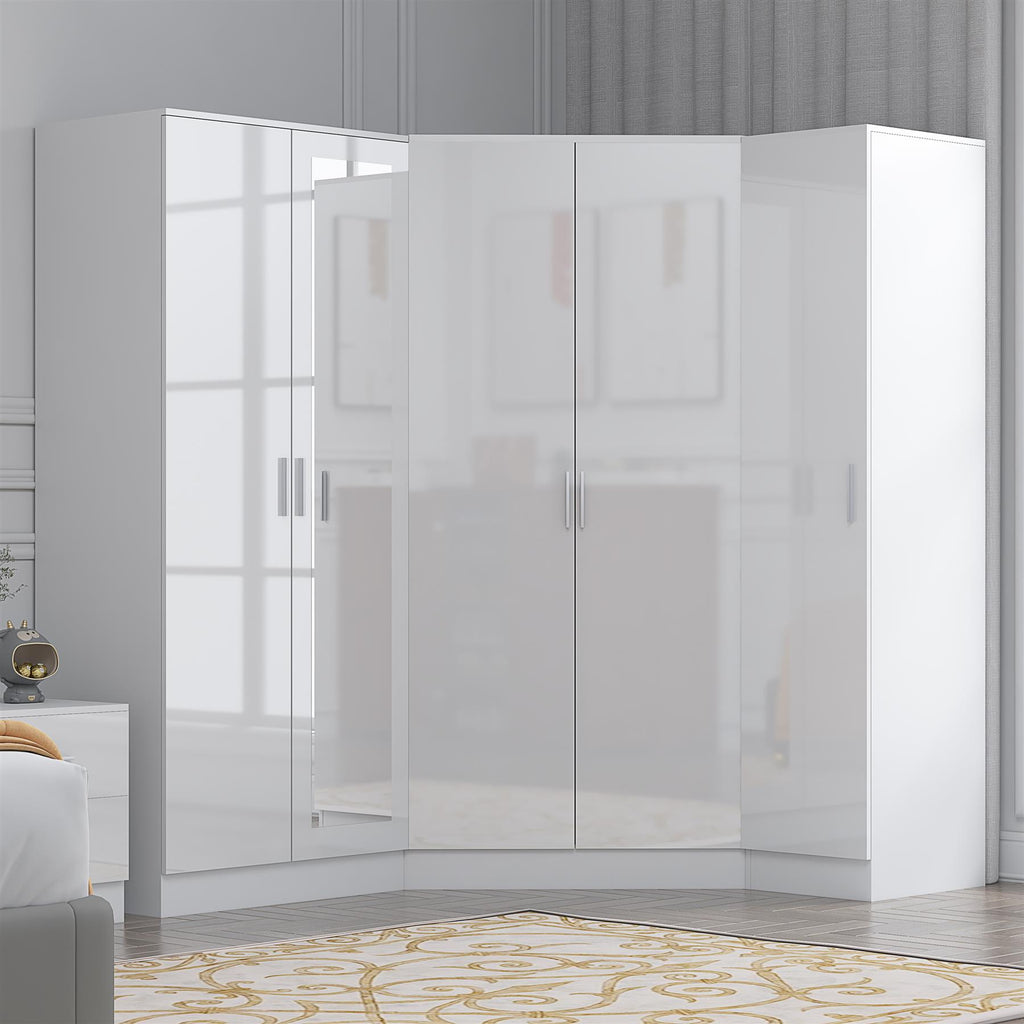 Reflect 3pc Wardrobe Bundle - 2 Door Corner + 2 Door Mirror + 1 Door Plain - White Gloss & Matt White