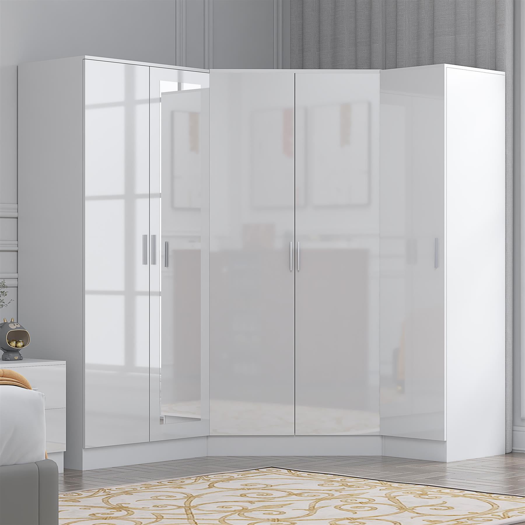 Reflect 3pc Wardrobe Bundle - 2 Door Corner + 2 Door Mirror + 1 Door Plain - White Gloss & Matt White