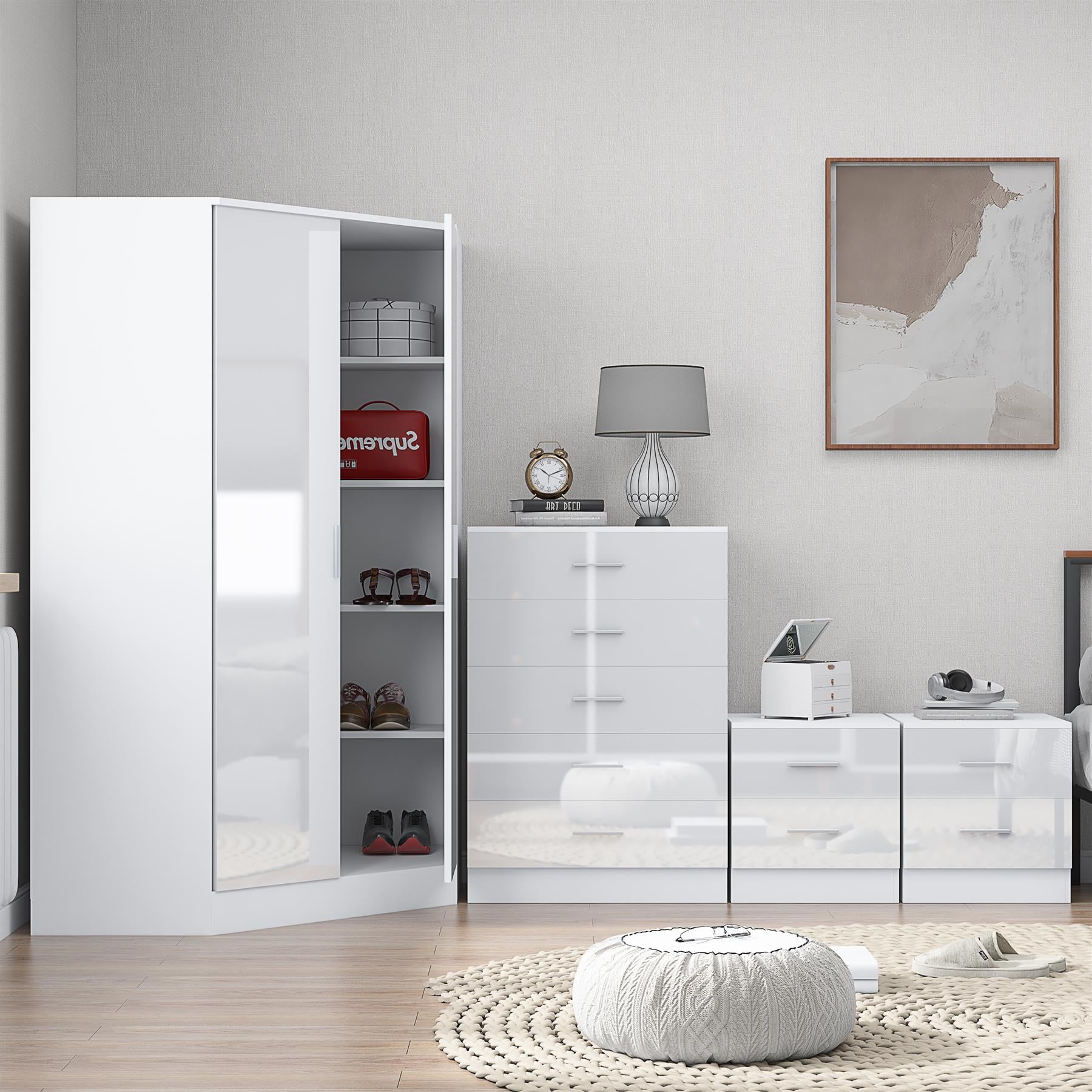 Reflect 2 Door Corner Wardrobe, 5 Drawer Chest, 2x 2 Drawer Bedsides - White Gloss & Matt White - Bedroom Furniture Set